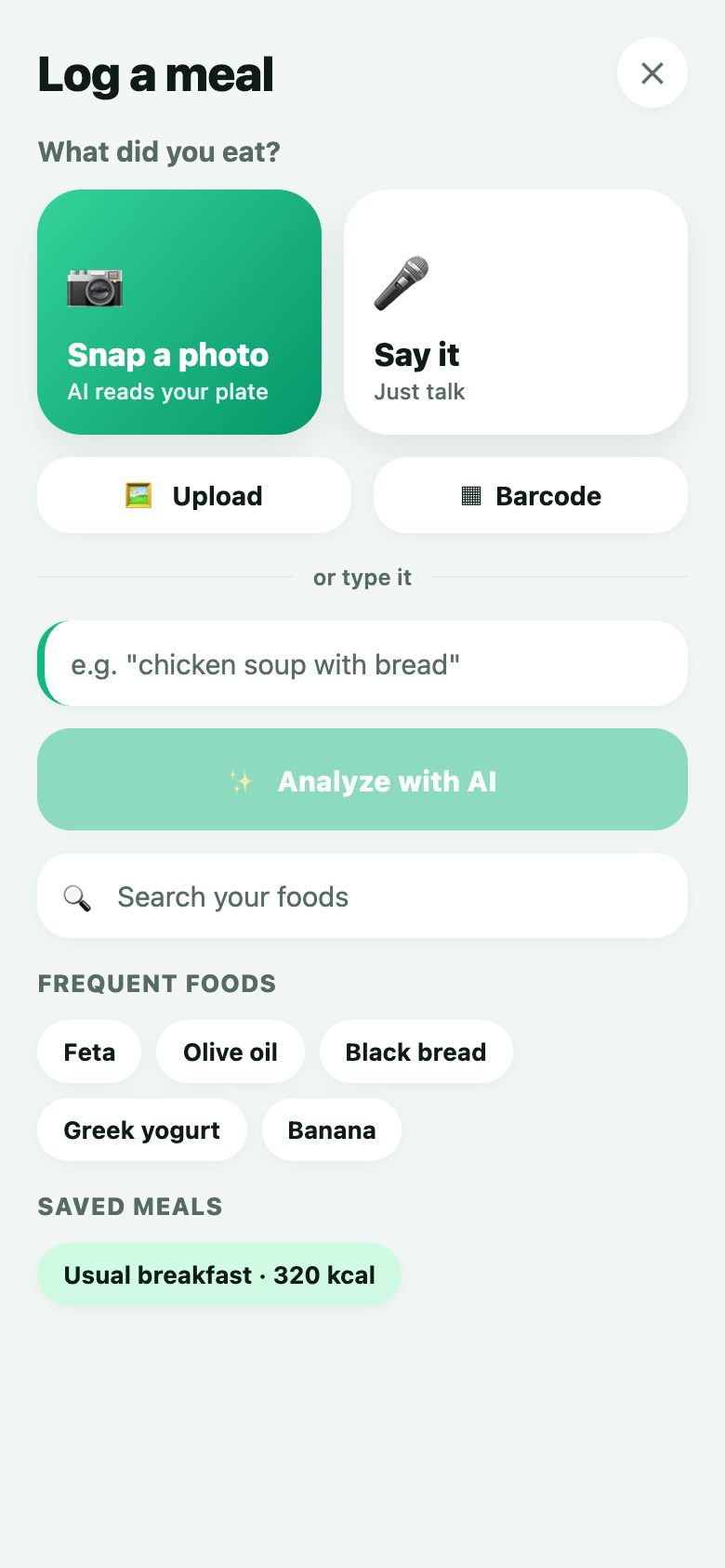 Log a meal by photo, voice or text