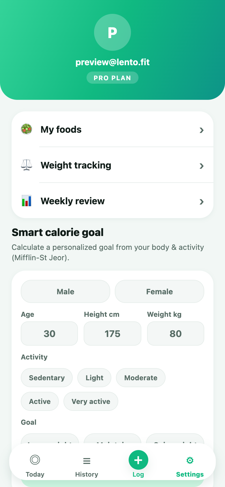 Smart calorie goal and macro targets